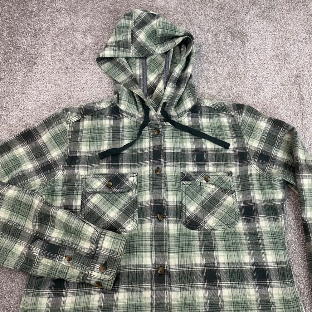 Carhartt Hooded Flannel Shirt Womens Small Green Plaid Button Up Long Sleeve